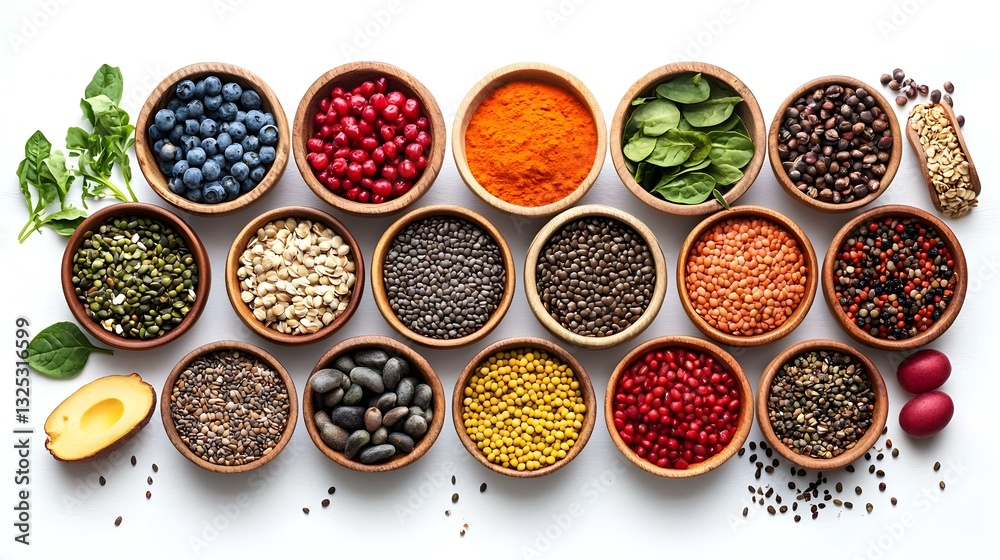 various superfood on white background top view
