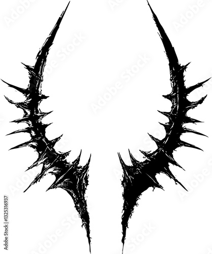 Pair of jagged spiked black symmetrical shapes resembling demonic horns or bone-like structures, drawn in an aggressive sharp style against a stark white background