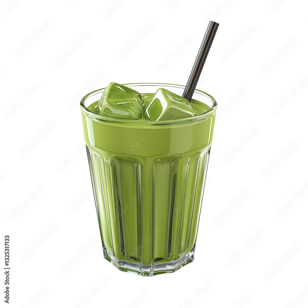 Refreshing Iced Matcha Latte Drink in Glass with Ice Cubes and Straw Refreshing Iced Matcha Latte Drink in Glass with Ice Cubes and Straw