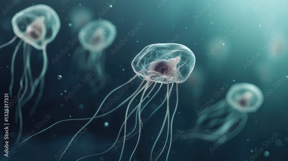 Obraz premium Exploring the Fascinating Underwater Realm of Jellyfish and Microscopic Life Forms in Our Oceans