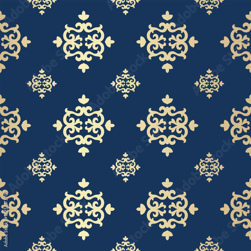 Medieval Golden Flora Seamless Pattern on Blue background