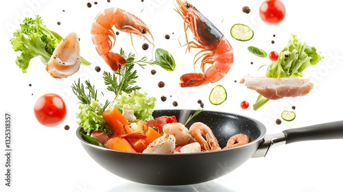 Fresh sea food and vegetables flying into a pan