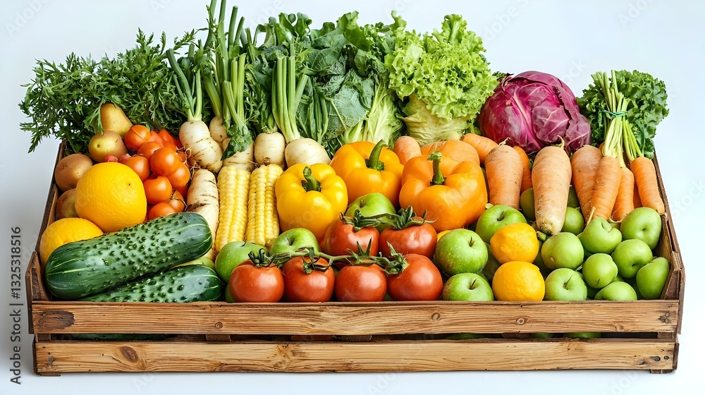Pine box full of colorful fresh vegetables