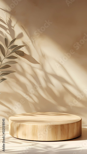 3D wooden podium display with leaf shadow. Copy space beige background. Cosmetics or beauty product promotion mockup. Natural stone step pedestal. Trendy minimalist banner, 3D render illustration
