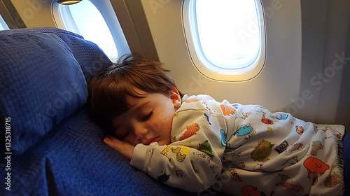 little boy sleeps soundly on airplane seat, curled up in fetal position, looking peaceful and serene during flight photo