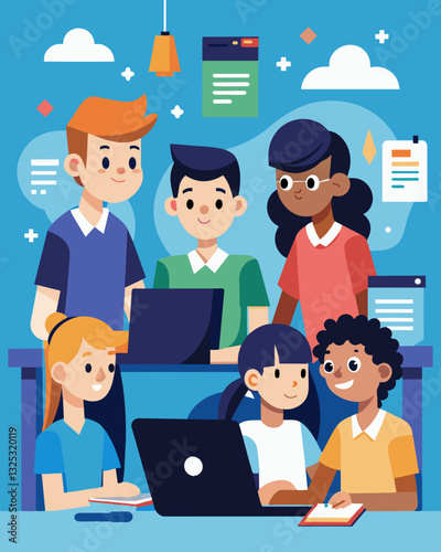 As part of a coding club in their high school a group of teens prepare for their first coding olympiad. They learn from their experienced older peers and work together to sharpen. Vector illustration