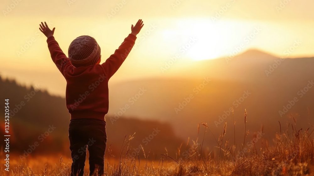 Fototapeta premium Child embracing nature's beauty sunset landscape inspirational scene outdoor rear view freedom concept