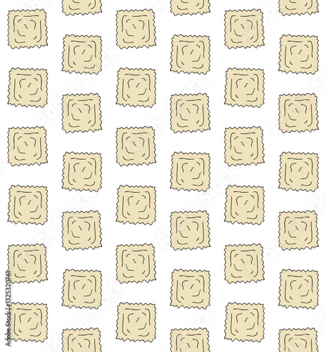 Vector seamless pattern of hand drawn sketch doodle colored ravioli isolated on white background