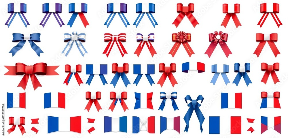 Fototapeta premium Extensive collection of French ribbon symbols, icons, and flags on white Premium quality tricolor set, symbol, material