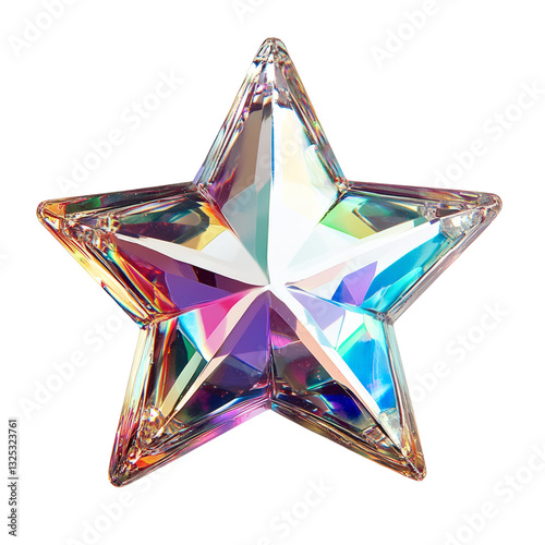 Crystal Star With Iridescent, Colorful Reflections On Transparent Backdrop