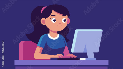 A young girl stares intensely at her computer screen her fingertips ly leaving the keyboard as she works on her coding assignment.. Vector illustration