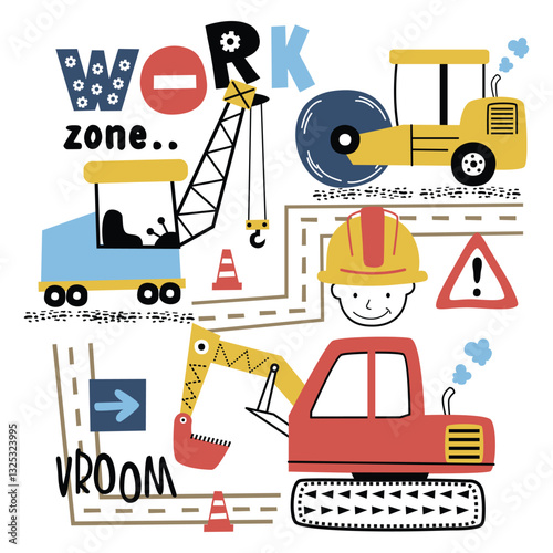 Playful construction zone with cartoon vehicles and road signs. Children’s illustration concept
