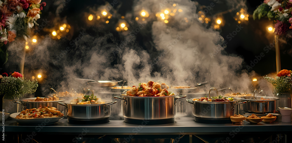 Culinary Delight: Steaming dishes and a banquet of gourmet food on display. Capturing culinary artistry at its finest, ready for a feast. Culinary Delight: Steaming dishes and a banquet of gourmet food on display. Capturing culinary artistry at its finest, ready for a feast.