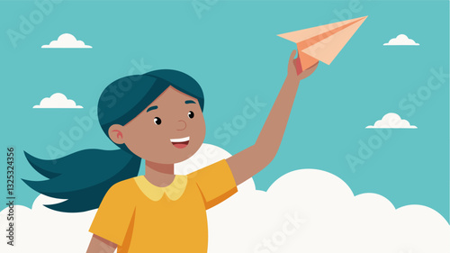 A young girl watches in awe as her homemade paper airplane glides effortlessly through the air understanding the principles of aerodynamics and lift.. Vector illustration