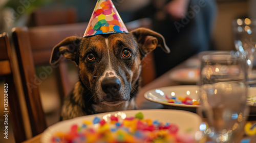 charming dog with birthday hat at festive table, gazing sweetly with expectation and bit of nervousness