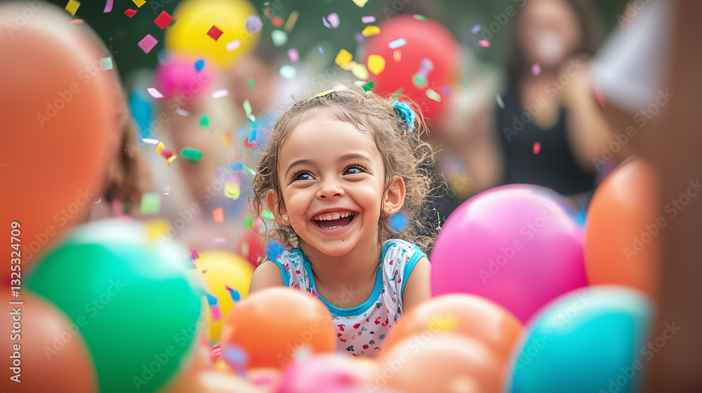 Obraz premium Kids playing with balloons at vibrant birthday, cheerful child expressing joy while surrounded by colorful decorations and balloons, creating fun atmosphere