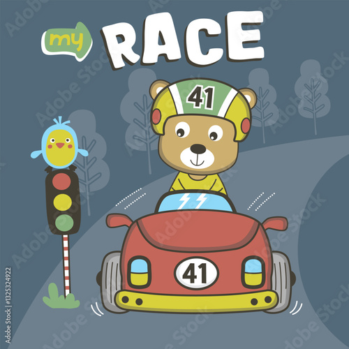 Cartoon bear driving a race car with a helmet on a track with a traffic light and bird companion. Children's racing adventure illustration concept
