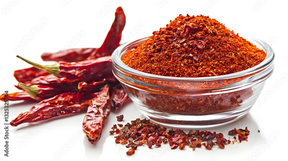 Dried red chilli and powder in glass bowl Dried red chilli and powder in glass bowl