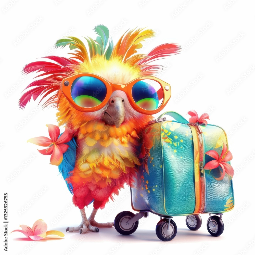 Naklejka premium Cute funny parrot wearing sunglasses stands next to a colorful suitcase with flowers