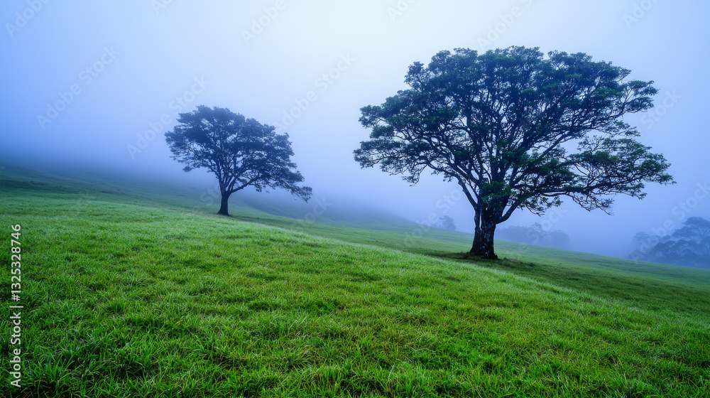 Fototapeta premium Misty grassland with two trees under twilight, creating serene atmosphere