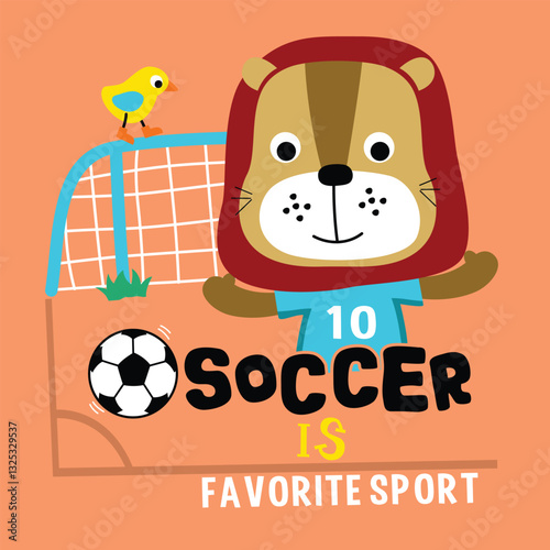 Cute cartoon lion soccer goalkeeper standing in front of goalpost with a bird. Children's sports illustration concept
