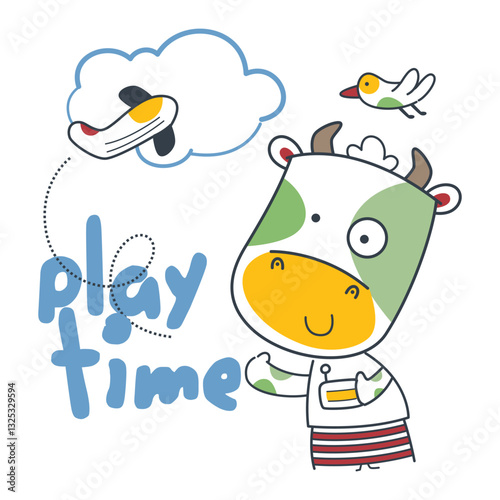 Cartoon cow imagining an airplane while enjoying playtime with a bird in a fun and whimsical setting. Children's playful imagination illustration concept
