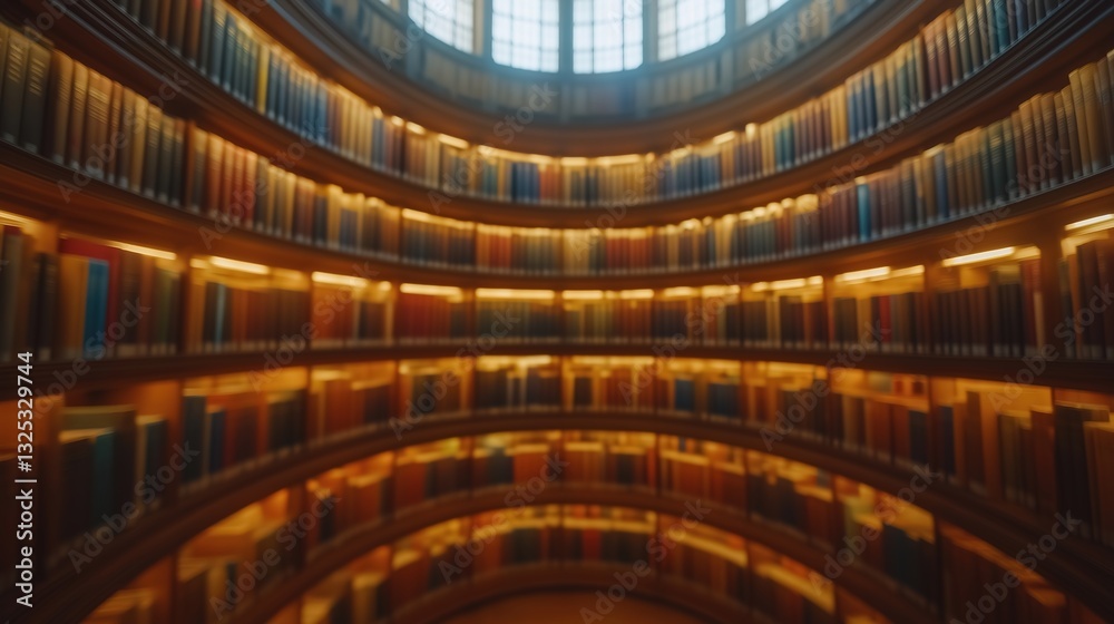 Fototapeta premium Round bookshelf in a library, warm light, blurred reading tables and people in background, cinematic wide-angle view