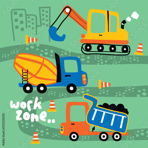 Cartoon construction vehicles including excavator, cement mixer, and dump truck working in a city work zone. Children's construction site illustration concept
