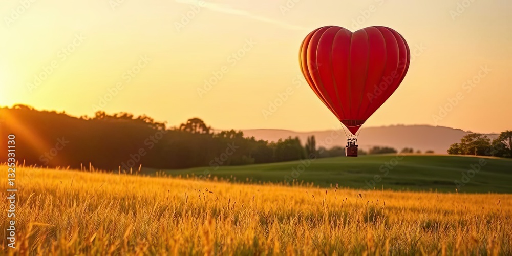 Fototapeta premium Heart Shaped Hot Air Balloon Sunset Over Golden Field