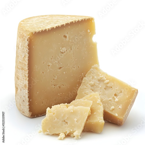 Two pieces of pecorino romano cheese isolated on white background highlighting their rich flavor and texture