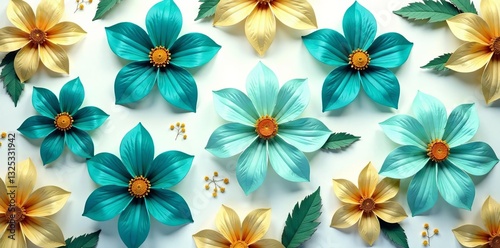 Fototapeta Naklejka Na Ścianę i Meble -  Beautiful turquoise and gold flowers in a repeating pattern, design, spring