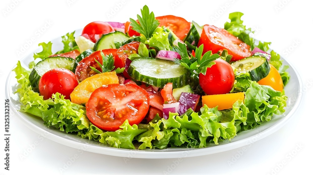 Plate with tasty salad on white background