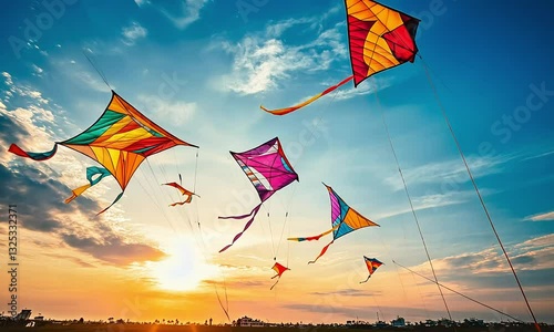 Colorful kites soaring in the sunset sky