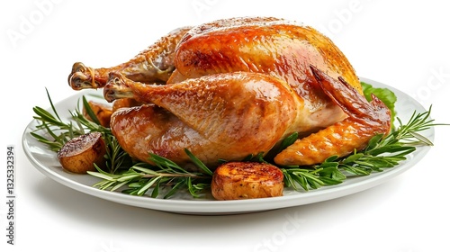 Plate with roasted turkey on white background