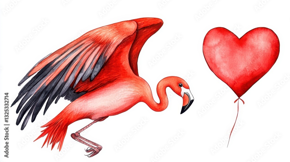 Obraz premium Vibrant Flamingo with Heart Balloon Illustration for Creative Projects