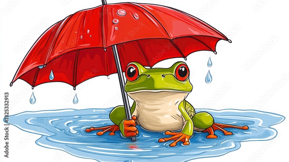 Obraz premium Cute Frog Under Red Umbrella in Rainy Mood with Water Pool