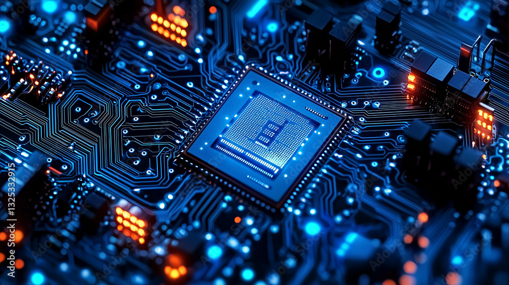 Fototapeta premium Highly detailed futuristic microchip circuit board with glowing blue and orange lights, technology concept, AI computing, data processing, and modern digital infrastructure.