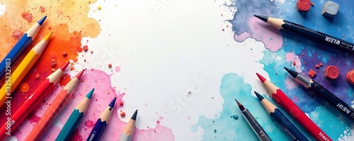 Abstract artistic background with sketching tools like markers, brushes, and erasers, erasers, markers