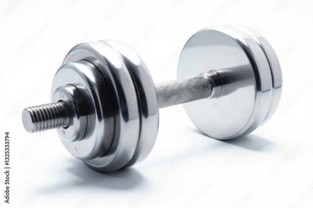 Chrome dumbbell with weight plates isolated on white background, wellbeing, iron, healthy Chrome dumbbell with weight plates isolated on white background, wellbeing, iron, healthy