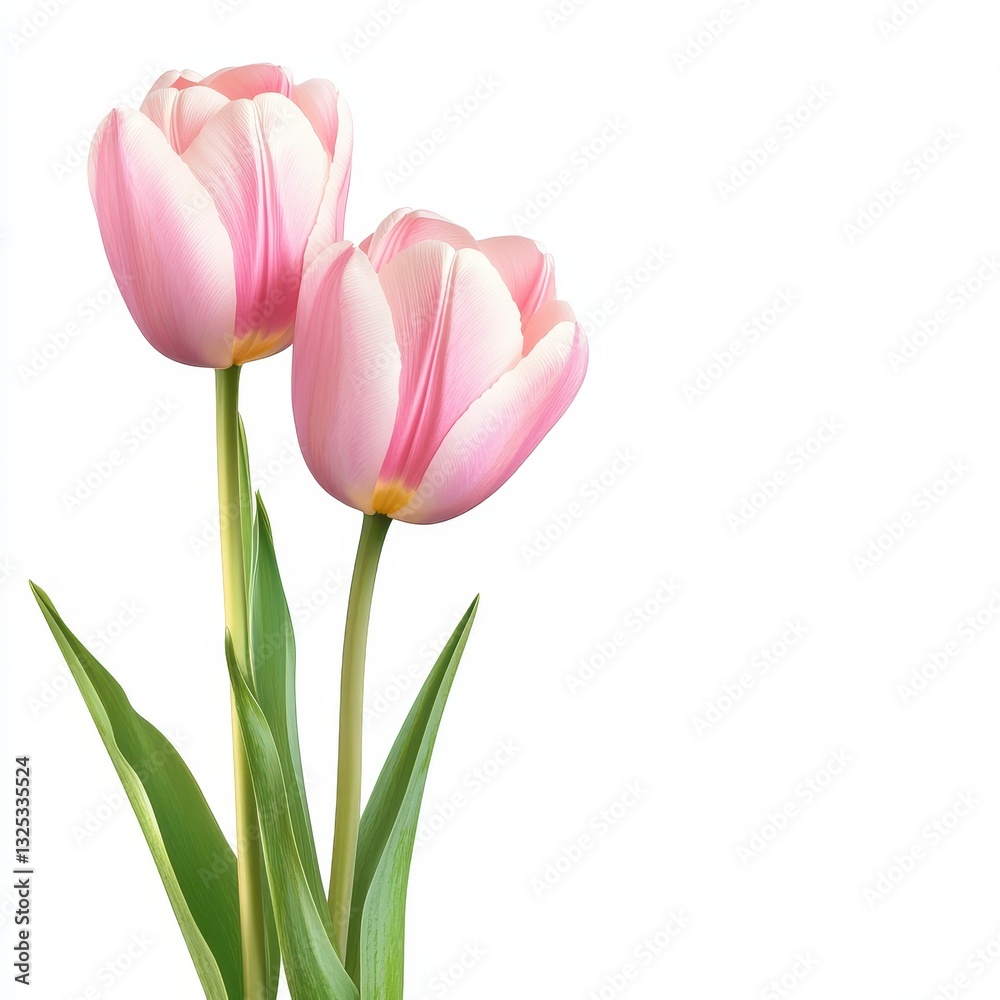 Two pink tulips with green leaves isolated against white background Two pink tulips with green leaves isolated against white background