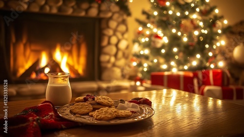 Christmas Eve magic warm fireplace a plate of cookies and milk left out for Santa soft glowing Christmas lights
