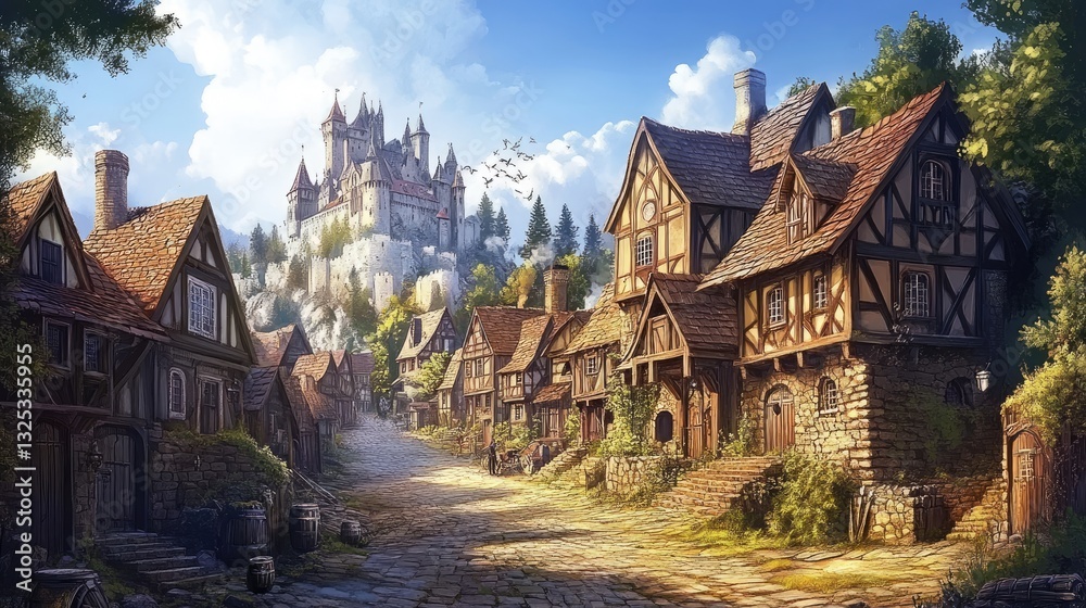 Obraz premium A medieval village with timber houses, cobblestone streets, and a grand castle on a hill under a bright sky. Perfect for fantasy settings, historical themes, and storytelling