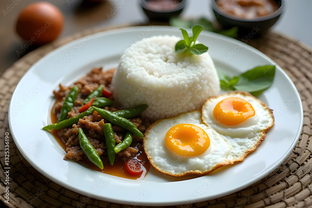 Stir-fried minced pork with holy basil, served with a fried egg with white edges and white rice on a white plate on a brown wooden table. Stir-fried minced pork with holy basil, served with a fried egg with white edges and white rice on a white plate on a brown wooden table.
