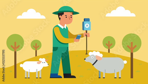 With the help of precision feeding tools a sheep farmer is able to track and manage individual animal nutrient levels resulting in healthier and more profitable flocks.. Vector illustration