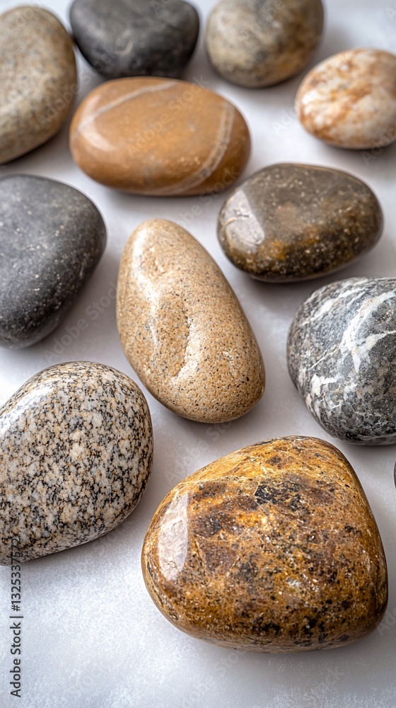 Fototapeta premium Collection of smooth, polished river rocks in various earth tones.