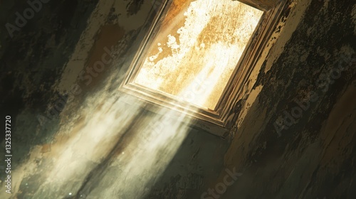 Rays of sunlight filtering through an old, weathered skylight creating atmosphere