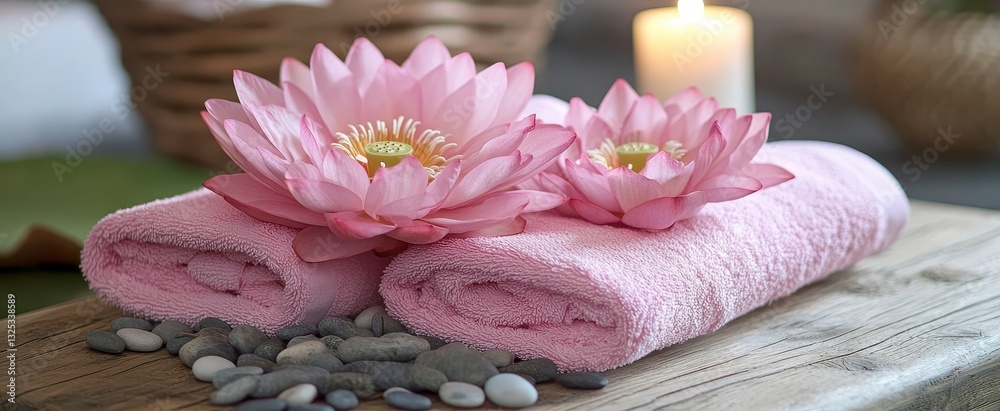 Serene Spa Still Life Pink Towels, Lotus Blossoms, and Gray Stones Serene Spa Still Life Pink Towels, Lotus Blossoms, and Gray Stones