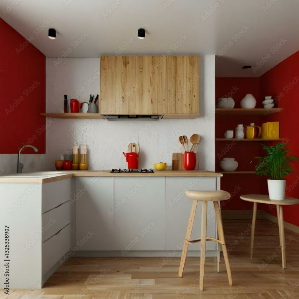 Fototapeta premium modern kitchen with red and white kitchen