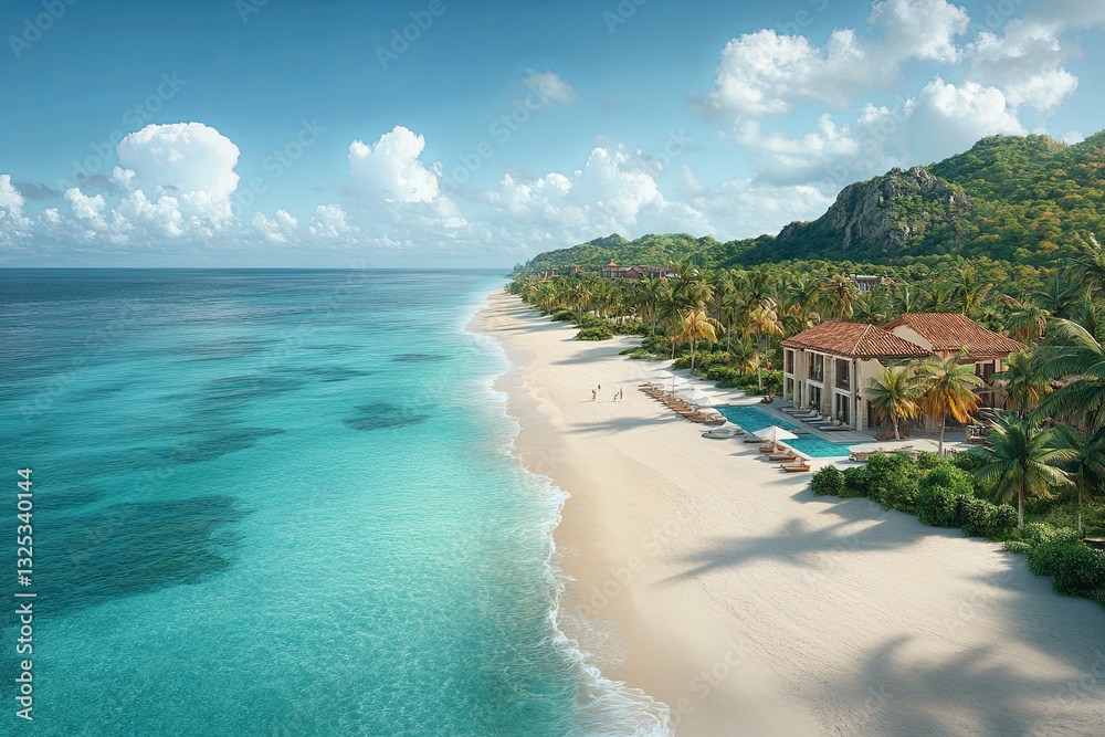 Fototapeta premium Beautiful tropical beachfront resort nestled beside the turquoise ocean water