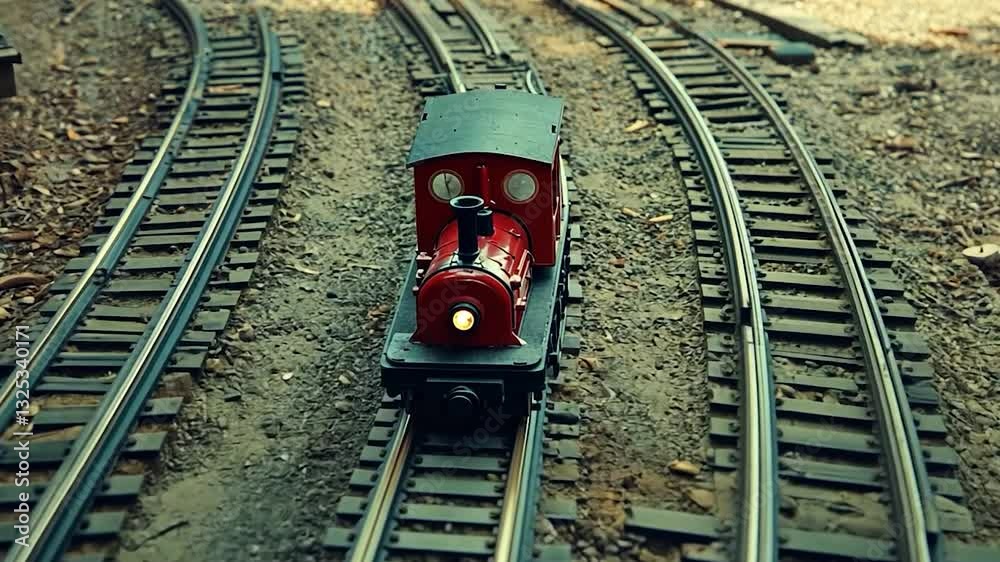 Miniature red train on winding tracks